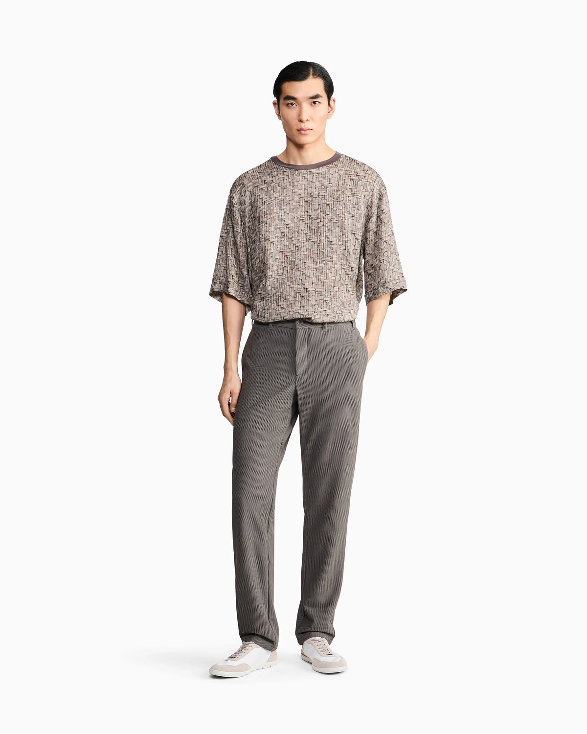 Flat front trousers in a technical gaufré honeycomb fabric