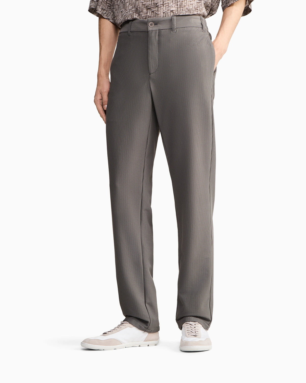 Flat front trousers in a technical gaufré honeycomb fabric