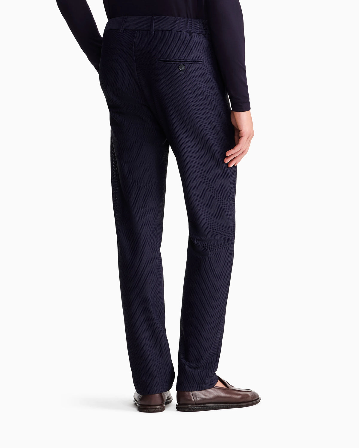 Flat front trousers in a technical gaufré honeycomb fabric