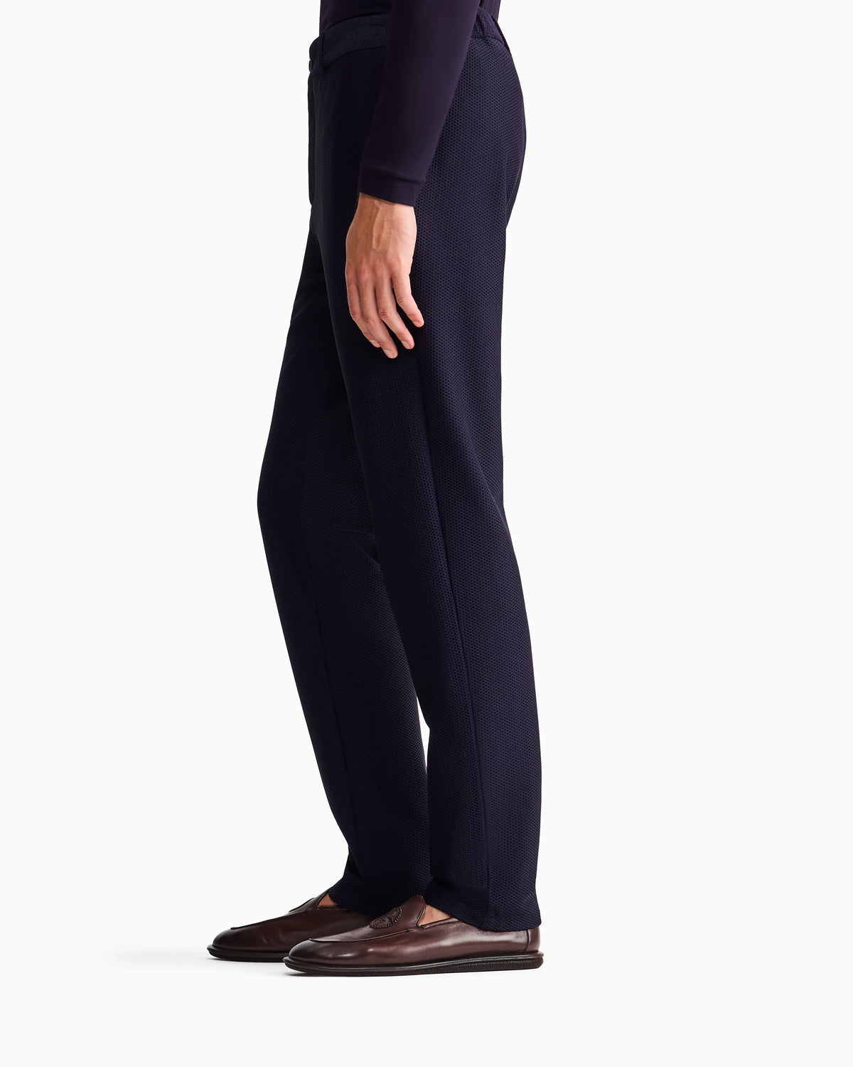 Flat front trousers in a technical gaufré honeycomb fabric