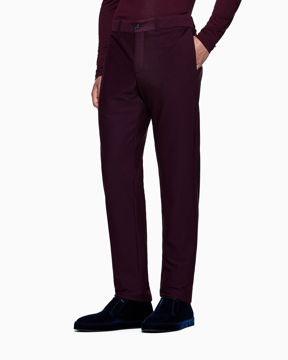 Flat front trousers in a technical gaufré honeycomb fabric