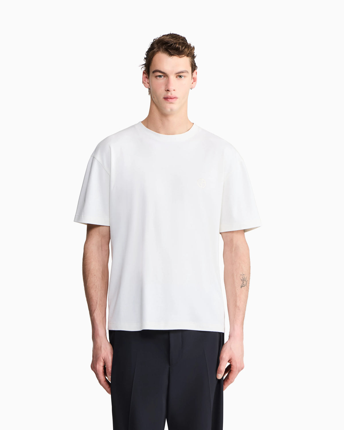 Crew neck t-shirt in cotton interlock and cashmere