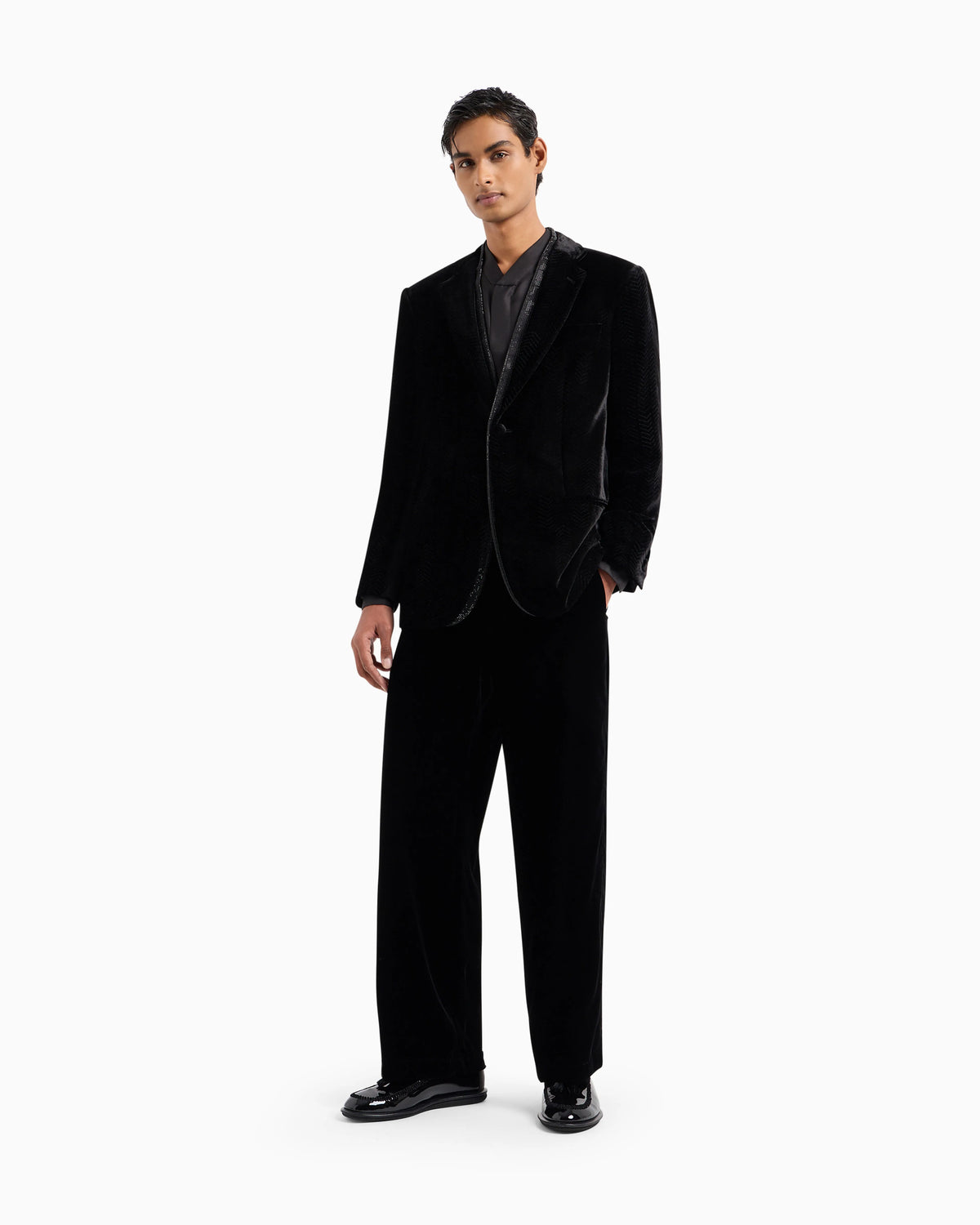 Single-breasted velvet jacket with chevron motif