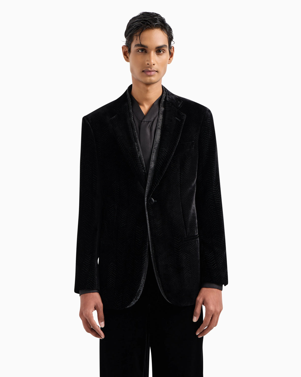 Single-breasted velvet jacket with chevron motif