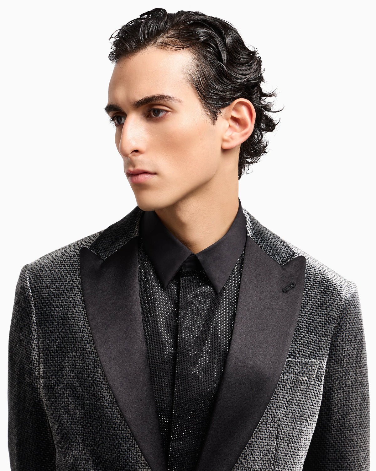 Giorgio’s single-breasted tuxedo jacket in micro devoré velvet
