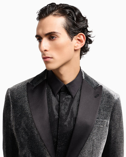 Giorgio’s single-breasted tuxedo jacket in micro devoré velvet