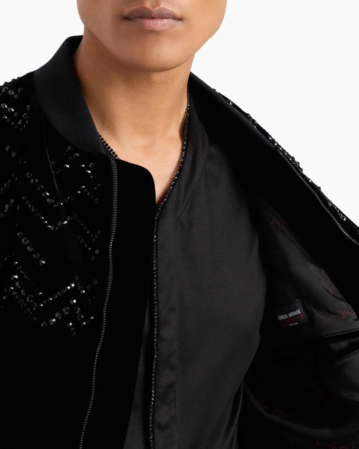 Giorgio’s velvet bomber jacket with applied rhinestones