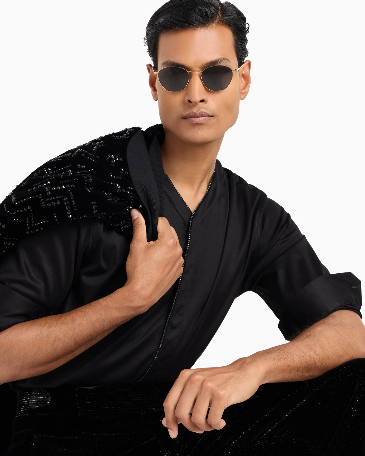 Giorgio’s velvet bomber jacket with applied rhinestones