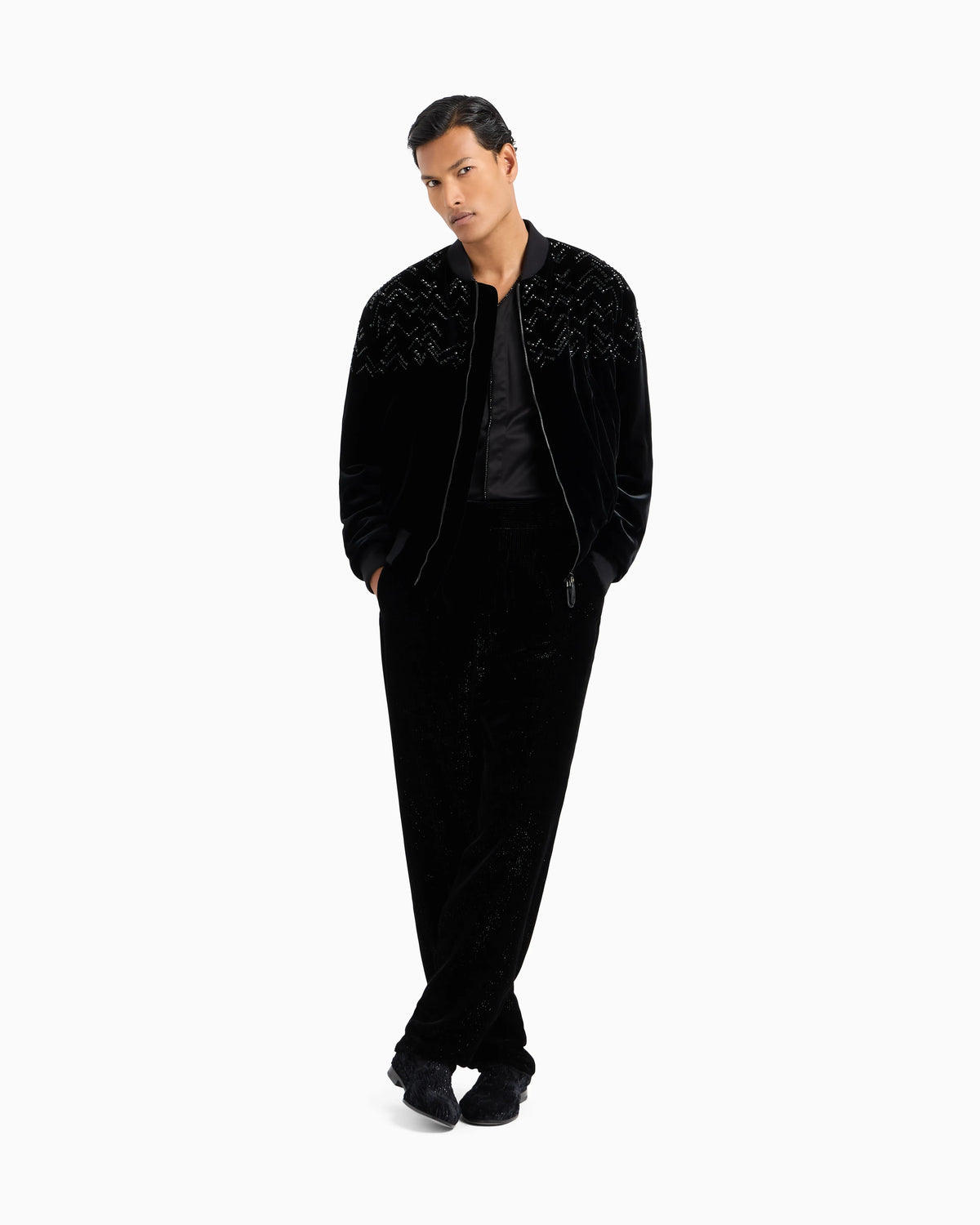 Giorgio’s velvet bomber jacket with applied rhinestones
