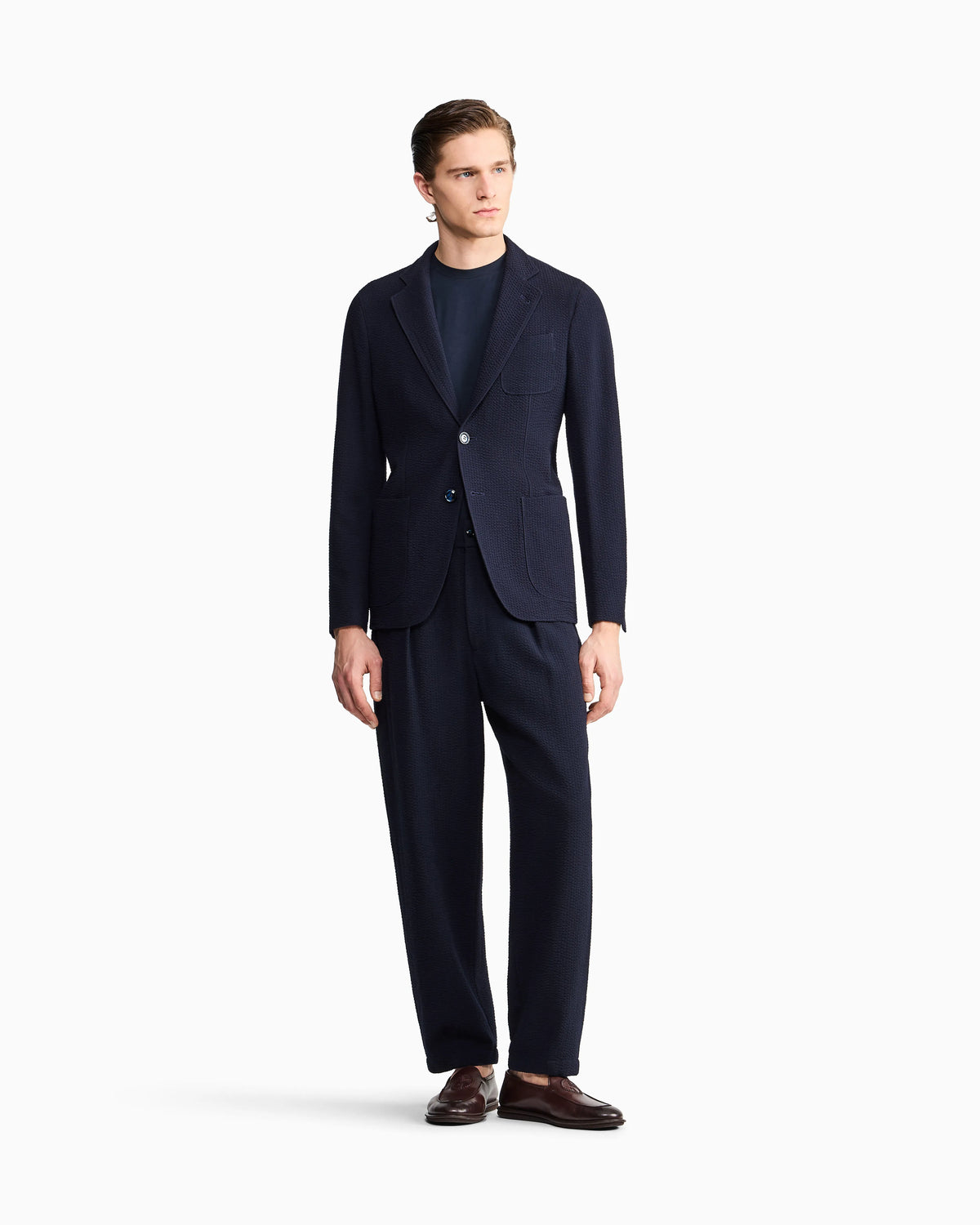 Single-pleat, virgin wool and cashmere seersucker trousers