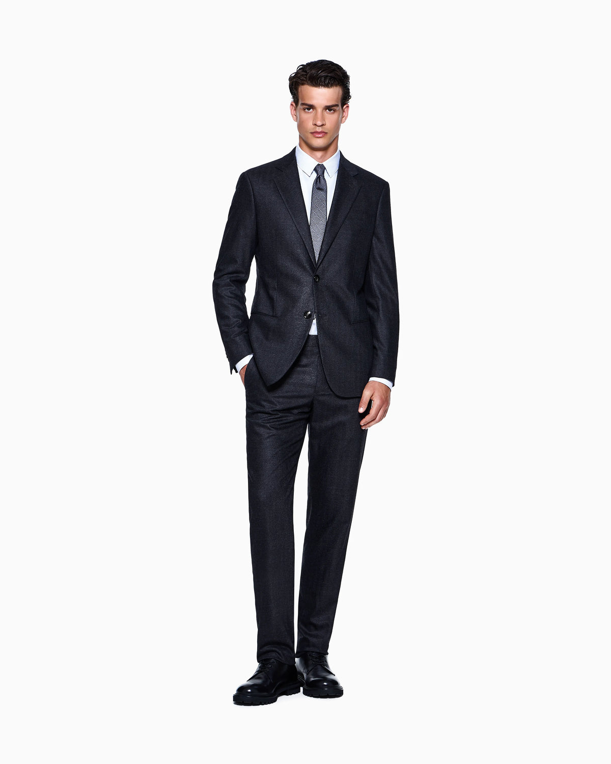 Soho Line Single-breasted suit in chevron virgin wool and cashmere