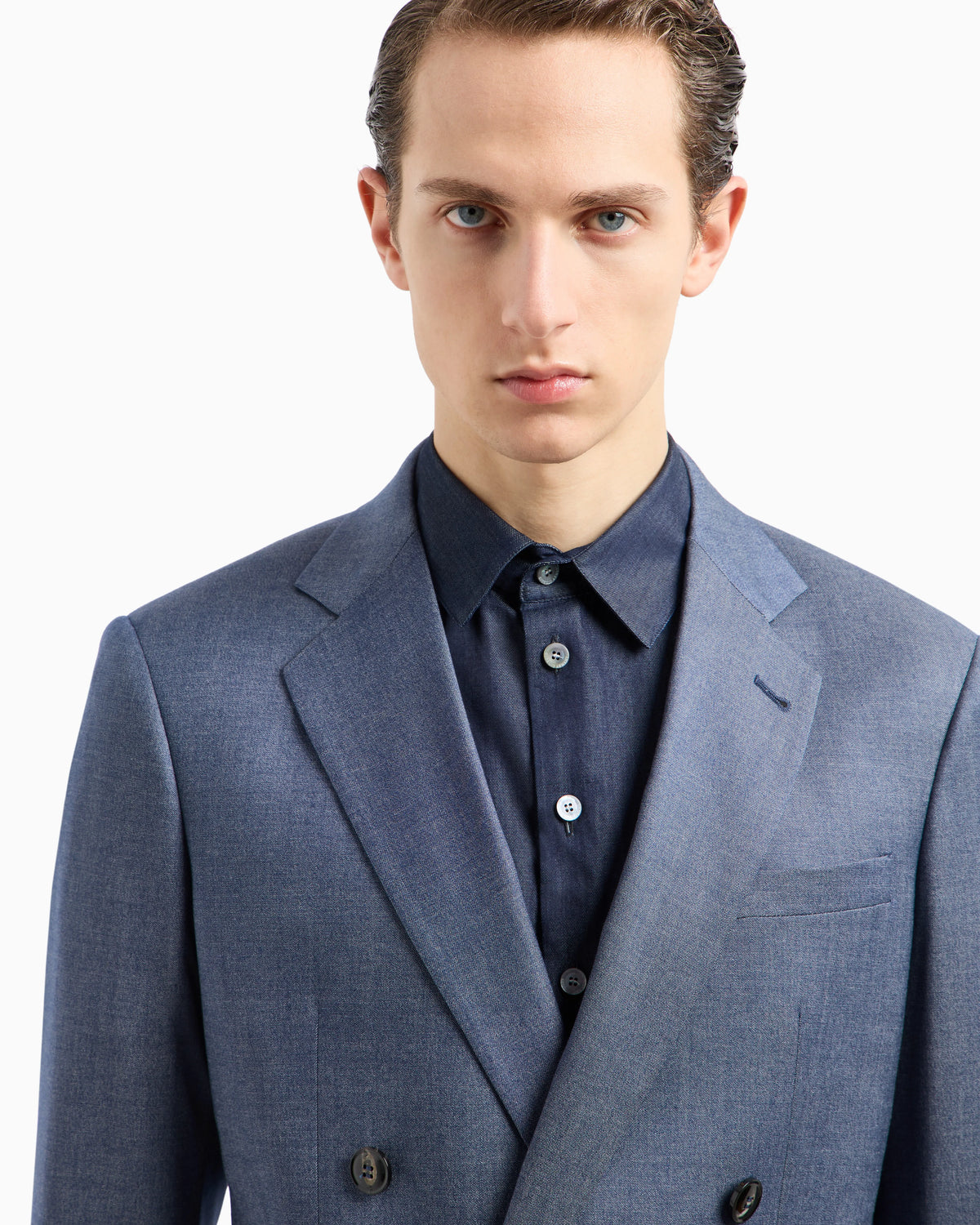 Soho line double-breasted denim-effect cashmere and stretch cotton suit