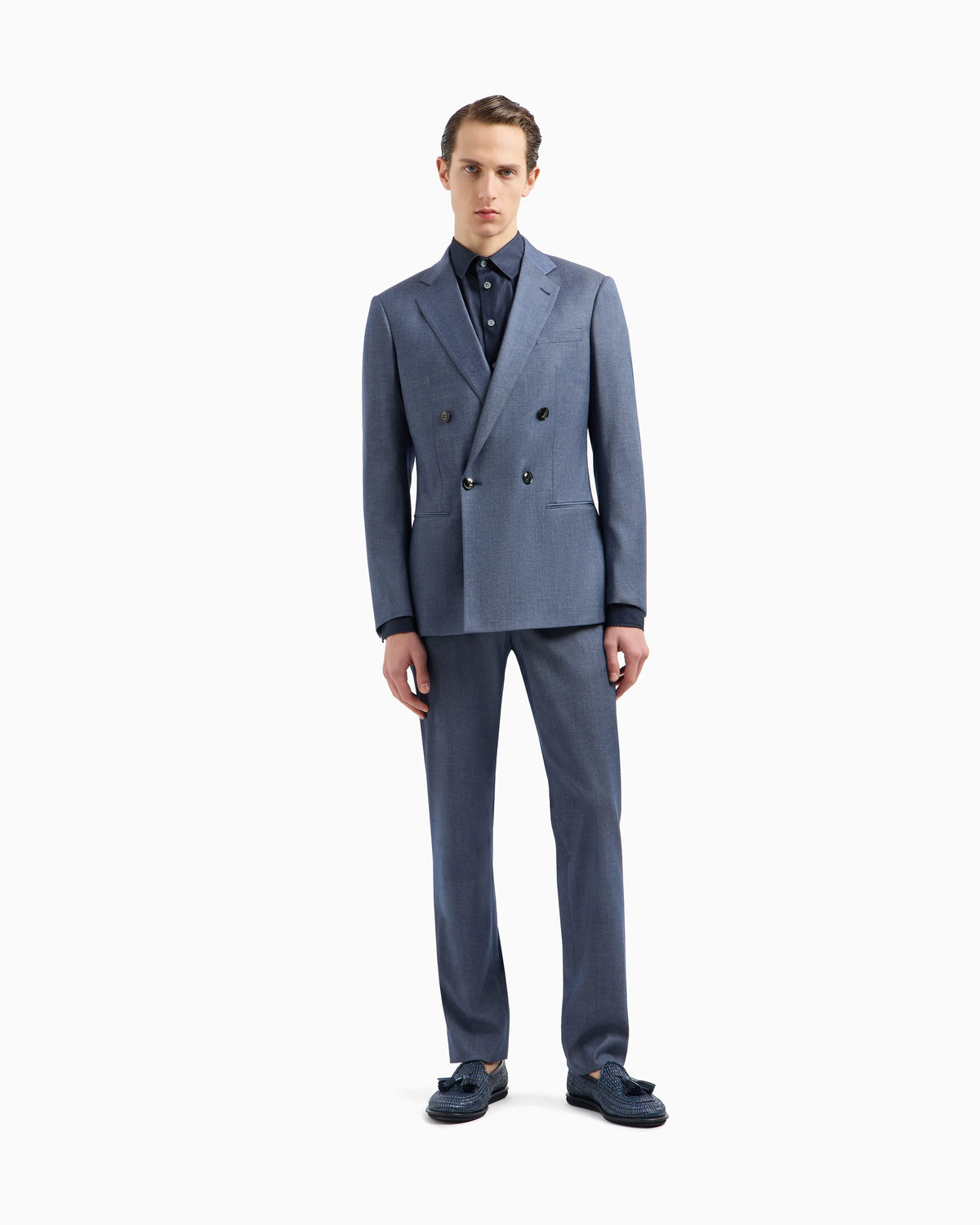 Soho line double-breasted denim-effect cashmere and stretch cotton suit