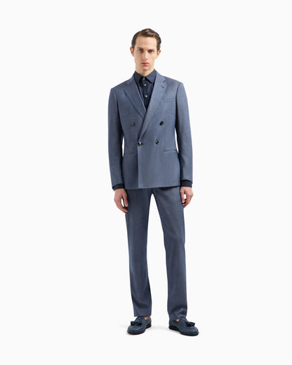 Soho line double-breasted denim-effect cashmere and stretch cotton suit