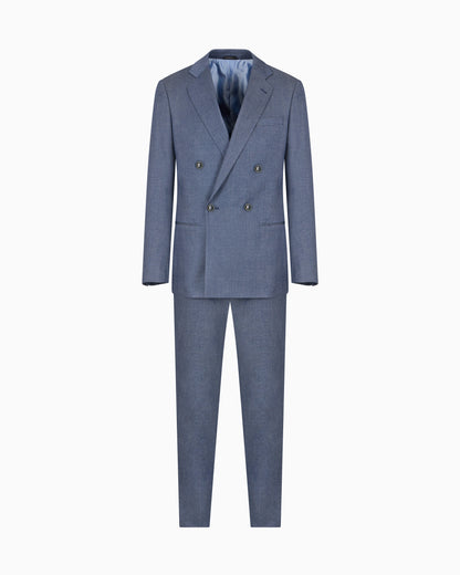 Soho line double-breasted denim-effect cashmere and stretch cotton suit