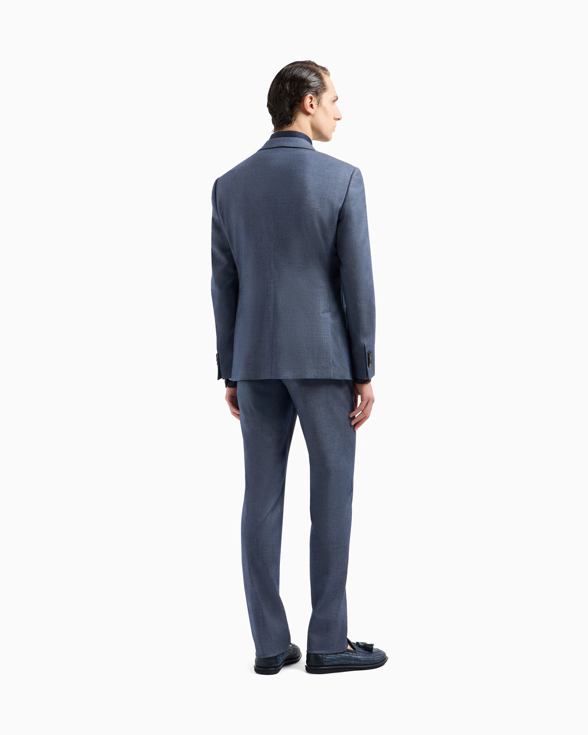 Soho line double-breasted denim-effect cashmere and stretch cotton suit