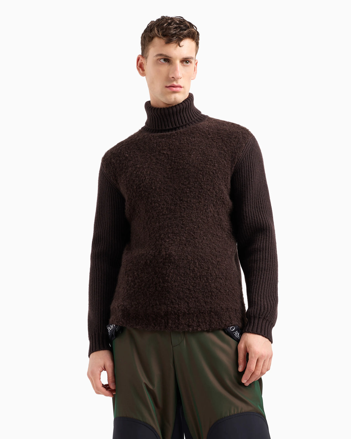 Mock-neck jumper in bouclé cashmere, wool and silk