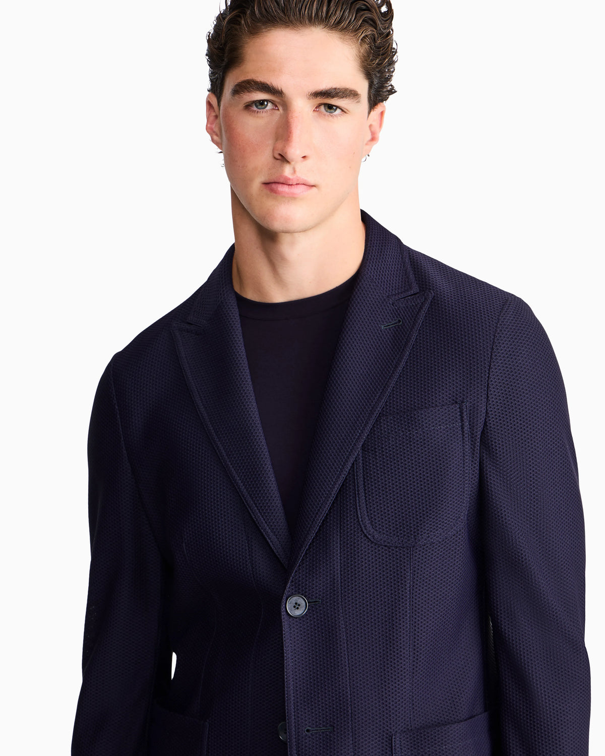 Single-breasted jacket in technical waffle fabric