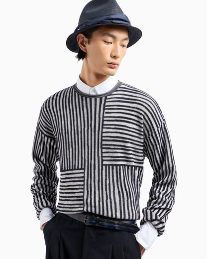 Crew-neck jumper in a viscose and cotton jacquard