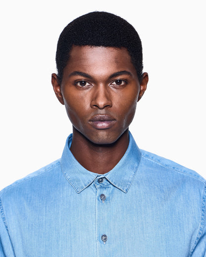 Long sleeve shirt in cotton denim with Boston collar