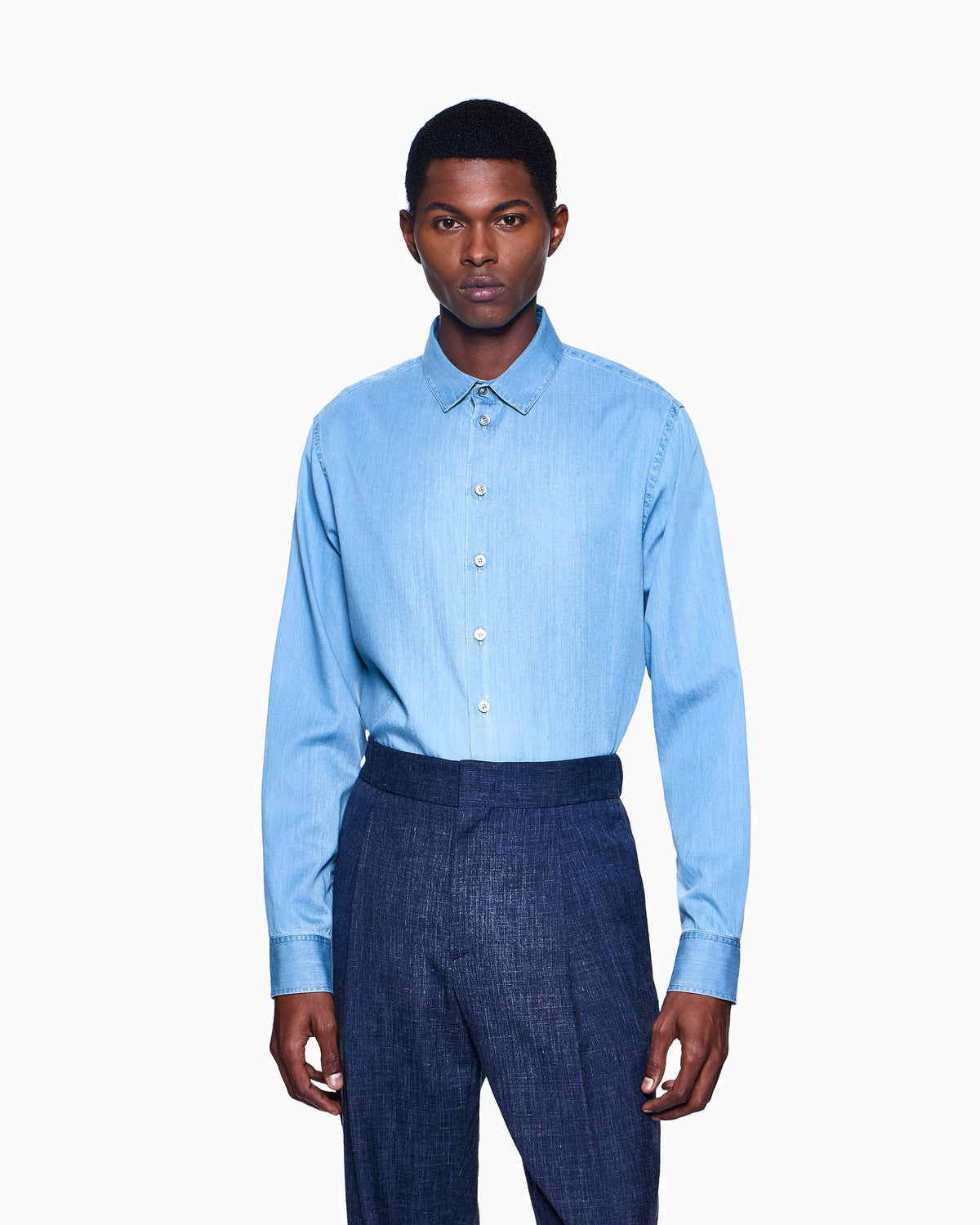 Long sleeve shirt in cotton denim with Boston collar