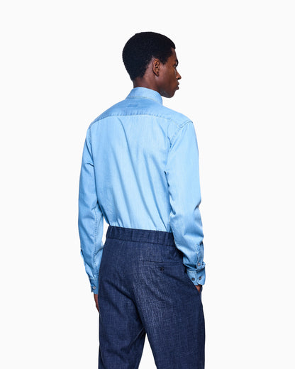 Long sleeve shirt in cotton denim with Boston collar