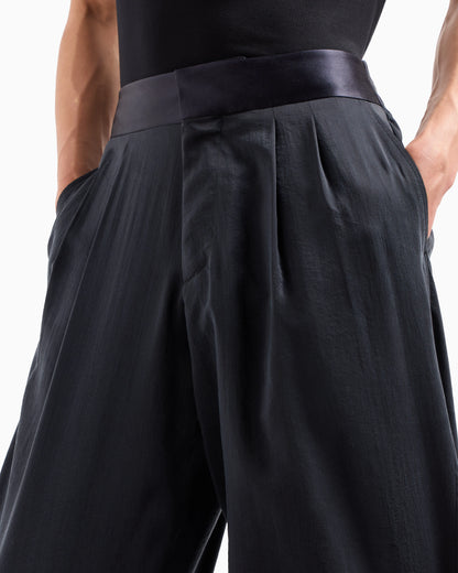 Double pleat trousers in washed silk blend with satin