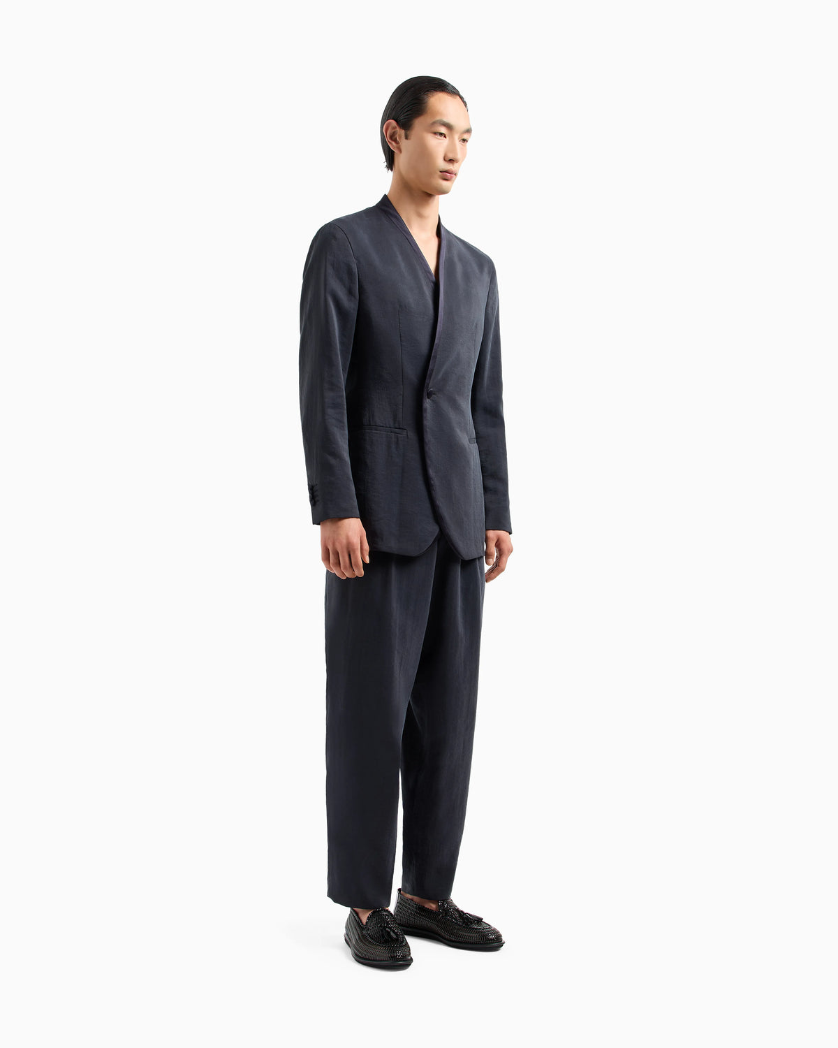 Double pleat trousers in washed silk blend with satin