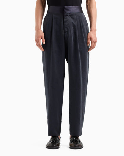 Double pleat trousers in washed silk blend with satin