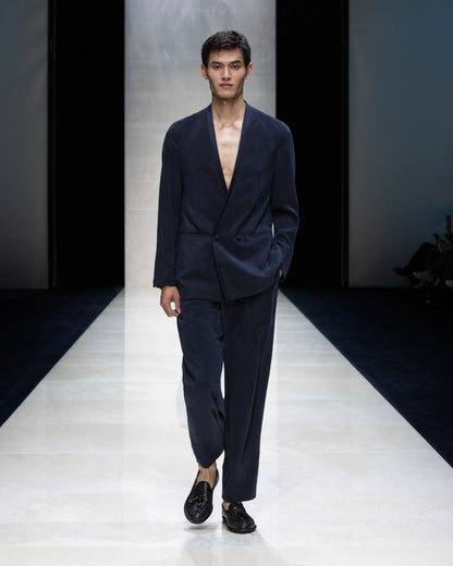 Double pleat trousers in washed silk blend with satin