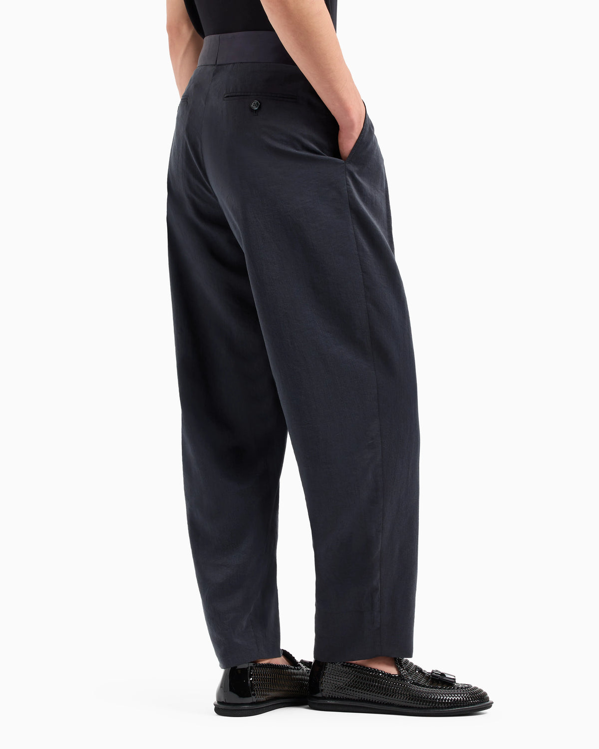 Double pleat trousers in washed silk blend with satin