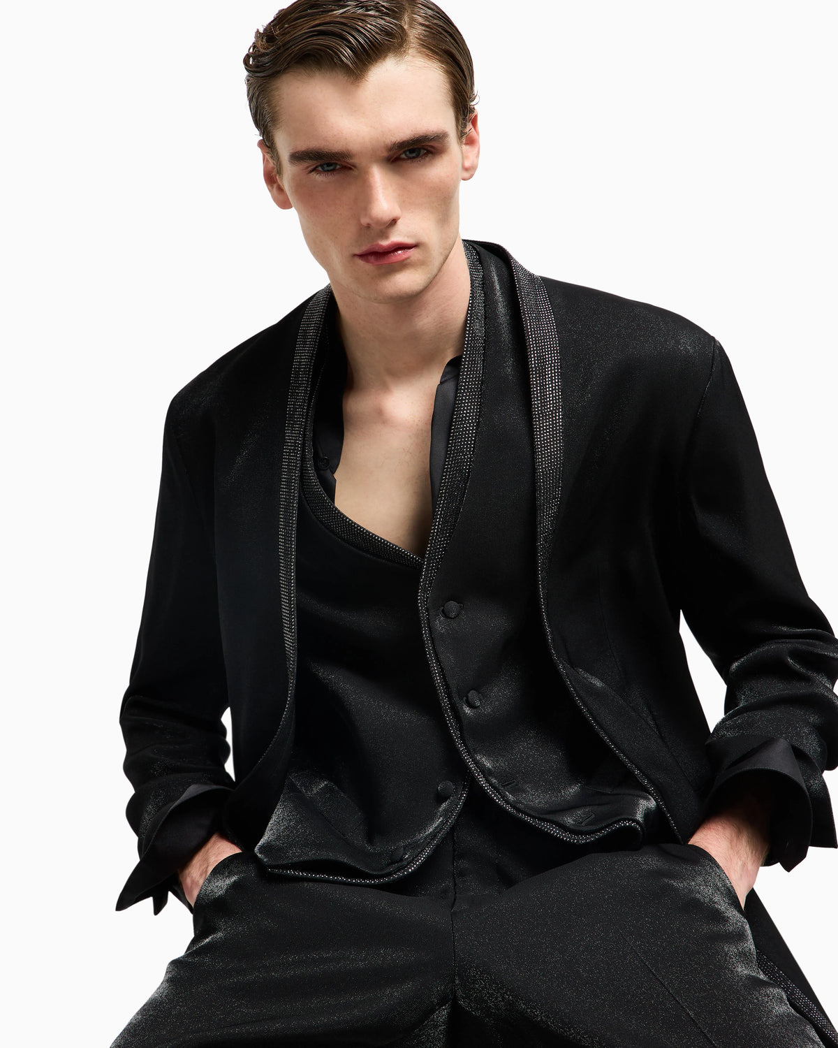 Upton Line tuxedo jacket in a viscose blend with rhinestones