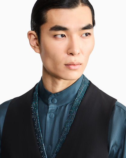 Single-breasted wool crepe vest with rhinestones