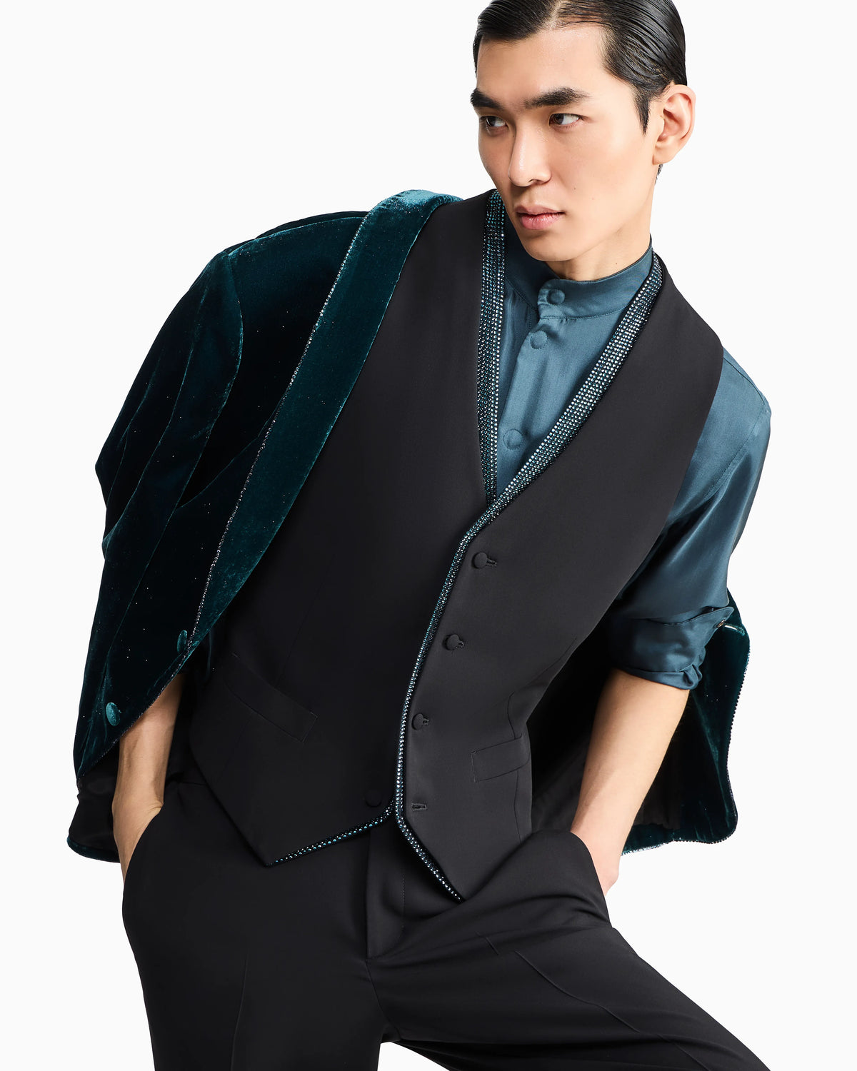 Single-breasted wool crepe vest with rhinestones