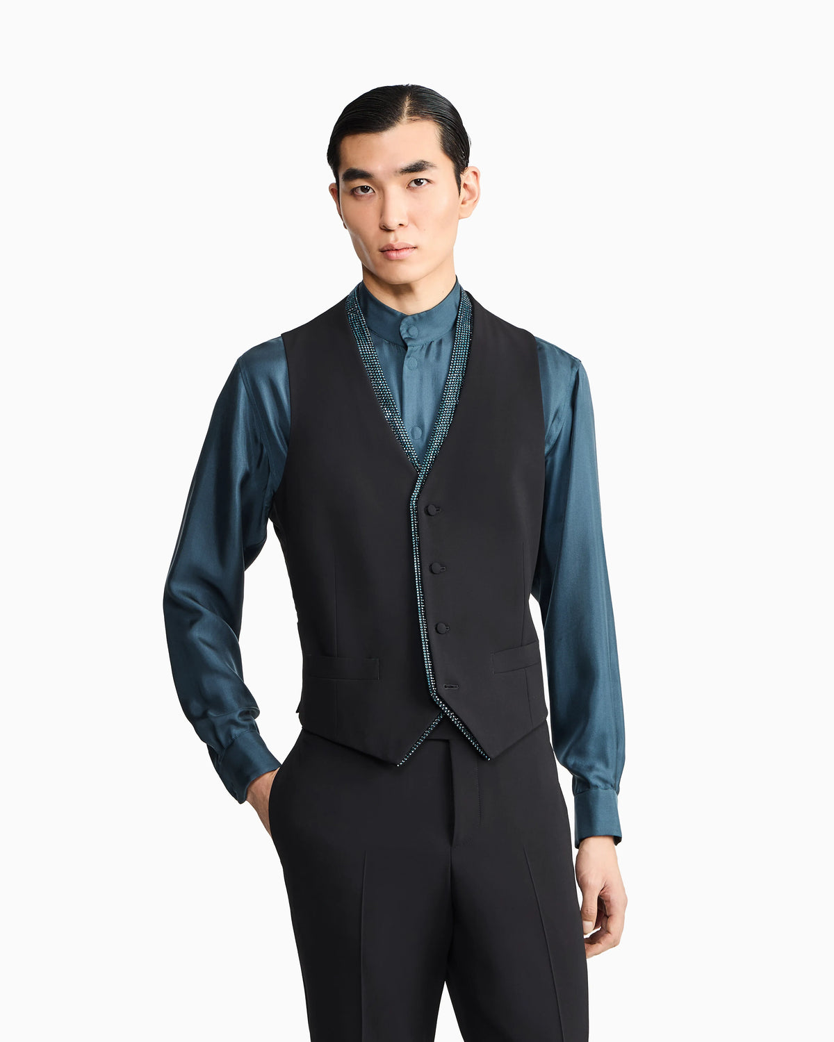 Single-breasted wool crepe vest with rhinestones
