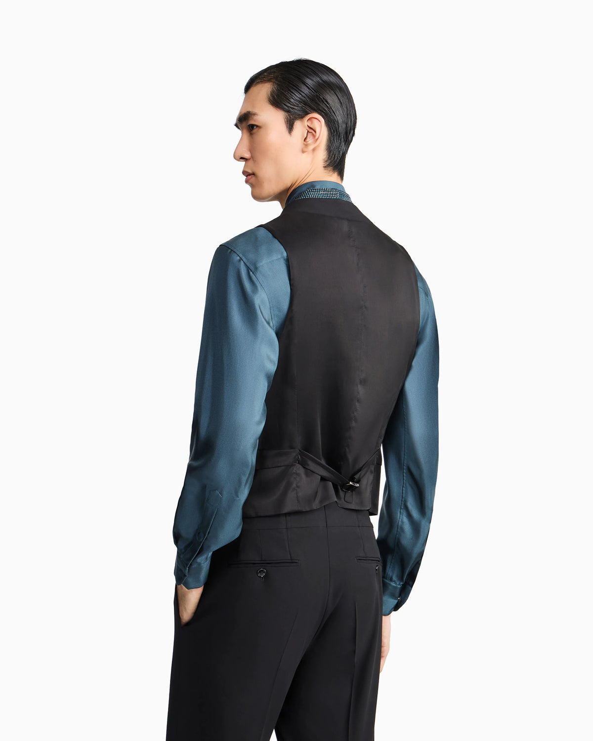 Single-breasted wool crepe vest with rhinestones