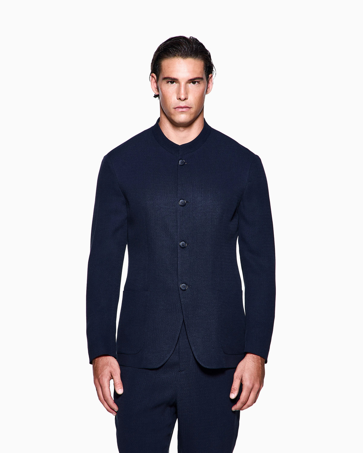 Cupro and viscose single-breasted jacket with a micro chevron motif