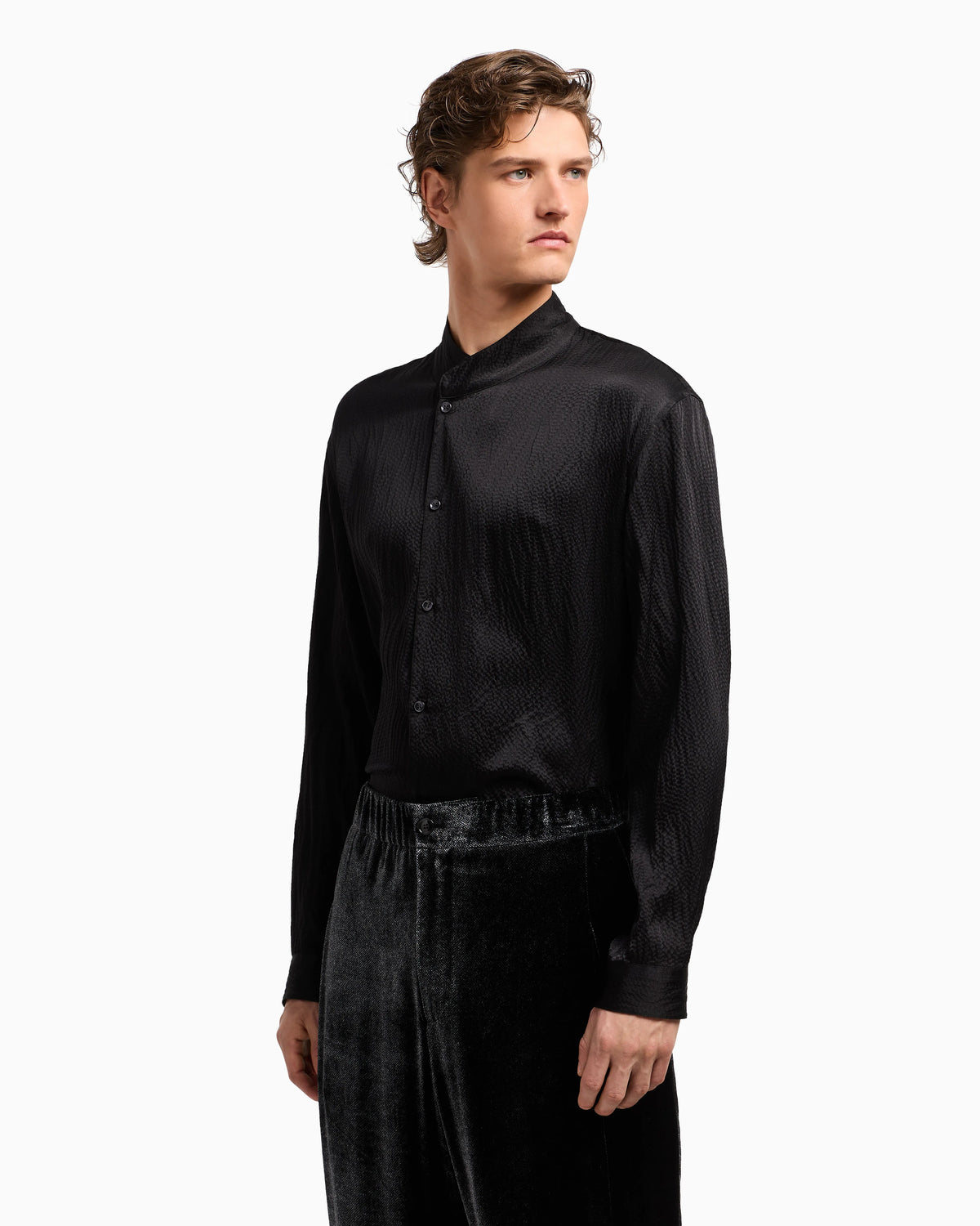 Giorgio’s satin shirt with a rhinestone detail