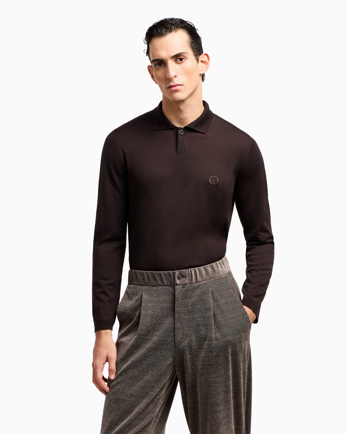Long-sleeved polo shirt in virgin wool