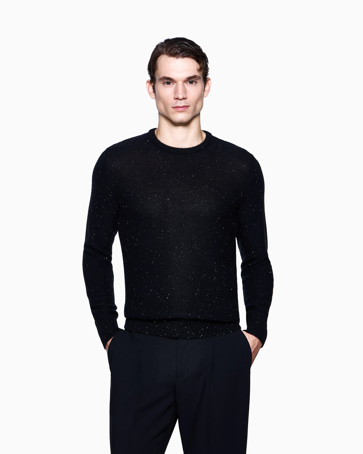 Giorgio’s crew-neck jumper in cashmere and silk with rhinestones
