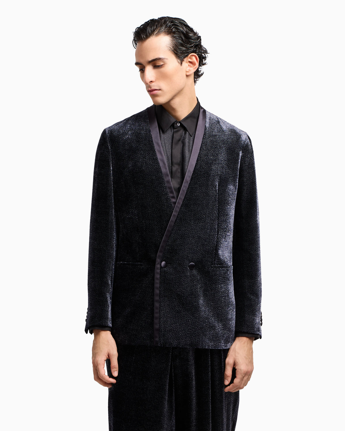 Giorgio’s double-breasted tuxedo jacket in micro devoré velvet