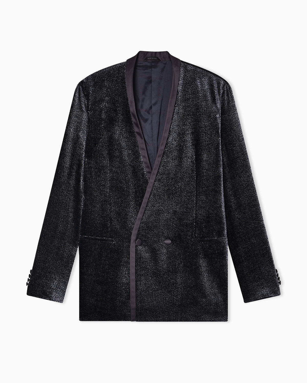 Giorgio’s double-breasted tuxedo jacket in micro devoré velvet