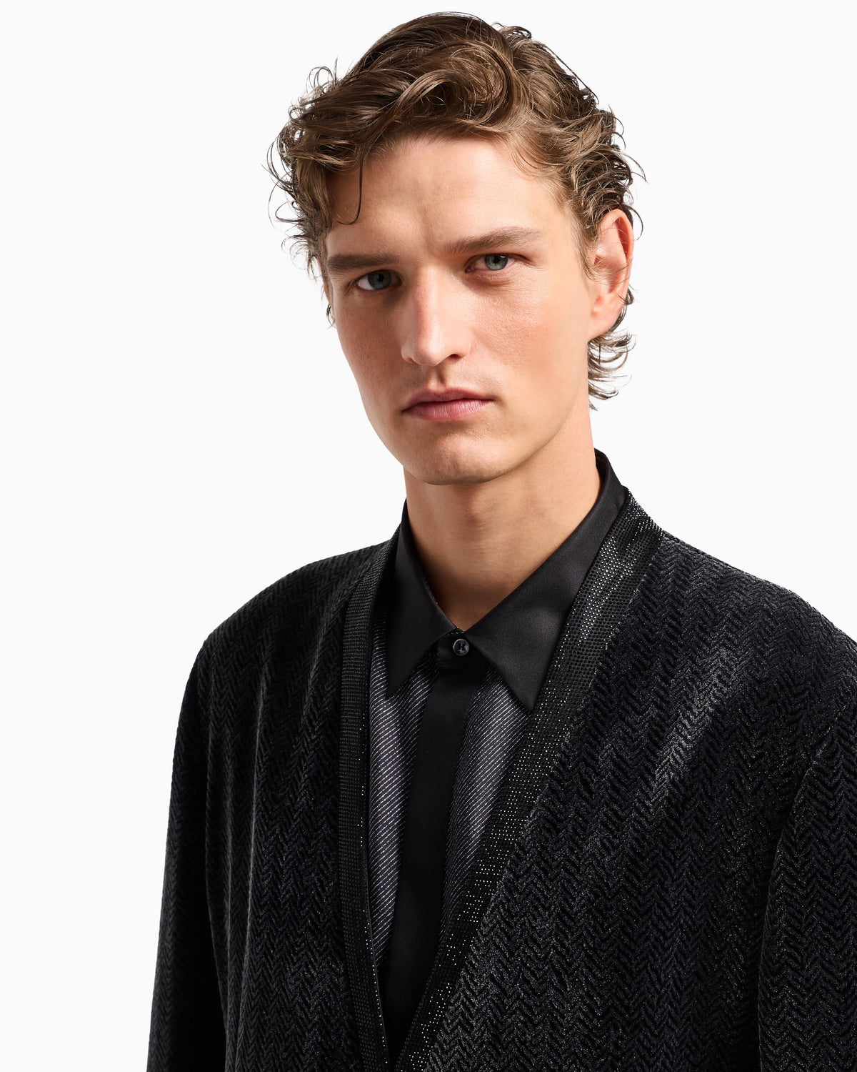 Giorgio’s double-breasted tuxedo jacket in a chevron print velvet
