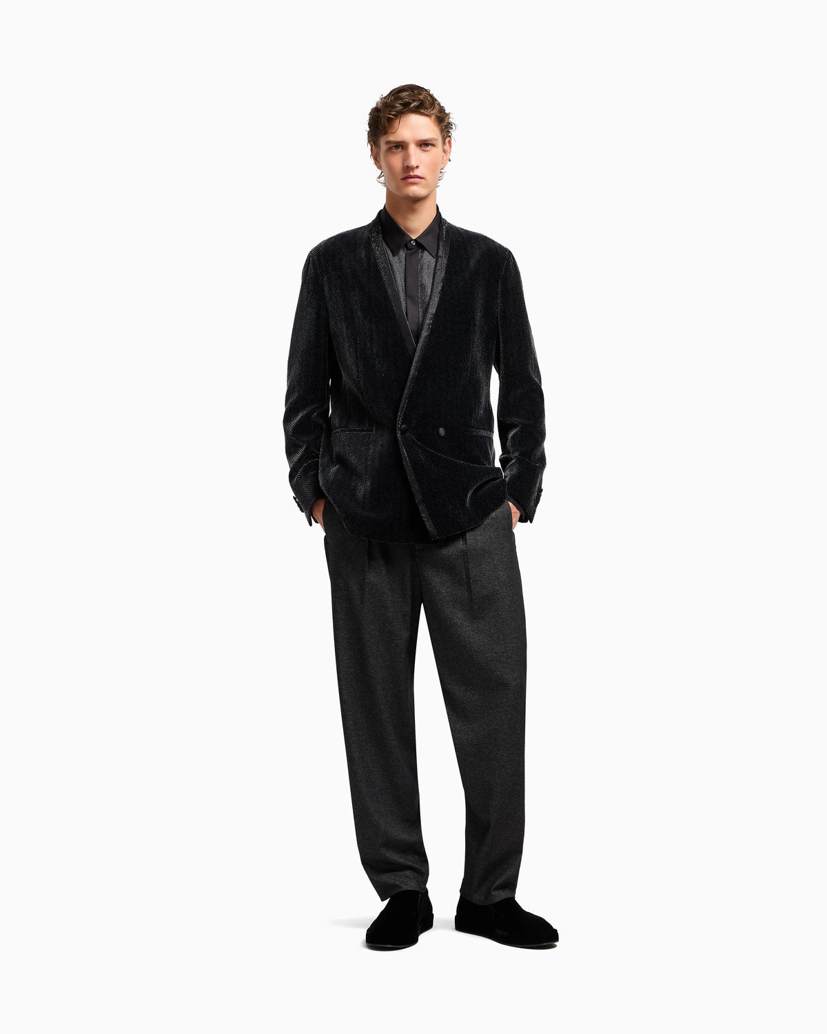 Giorgio’s double-breasted tuxedo jacket in a chevron print velvet