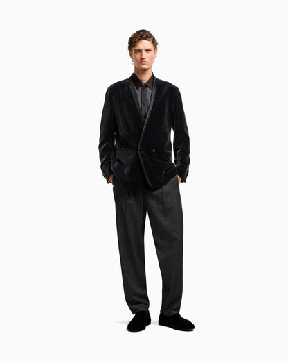 Giorgio’s double-breasted tuxedo jacket in a chevron print velvet