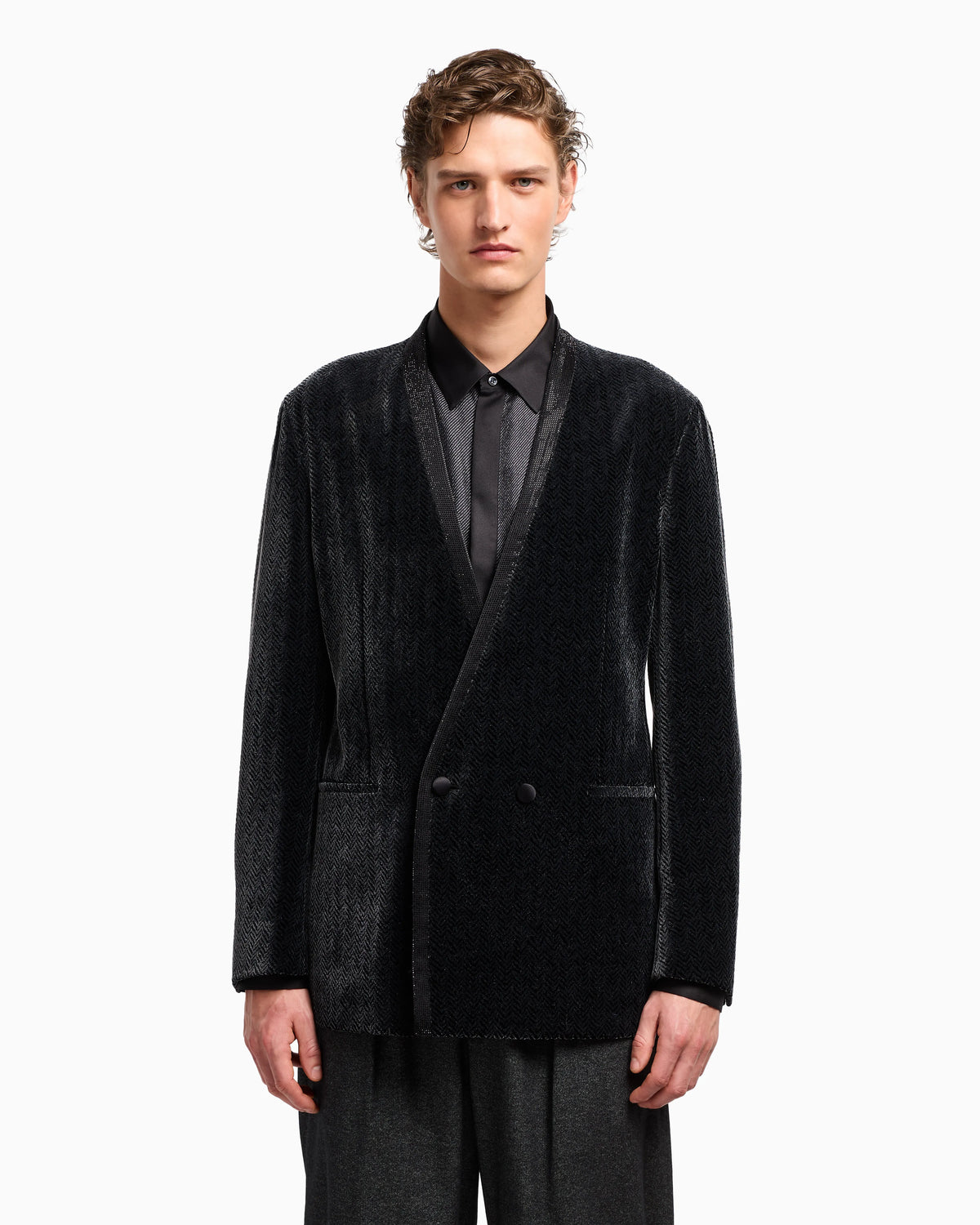 Giorgio’s double-breasted tuxedo jacket in a chevron print velvet