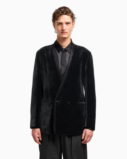 Giorgio’s double-breasted tuxedo jacket in a chevron print velvet