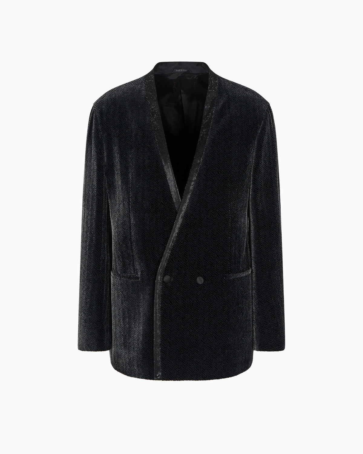 Giorgio’s double-breasted tuxedo jacket in a chevron print velvet