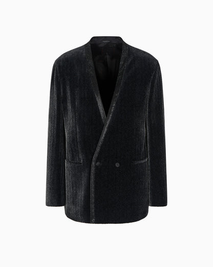 Giorgio’s double-breasted tuxedo jacket in a chevron print velvet