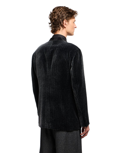 Giorgio’s double-breasted tuxedo jacket in a chevron print velvet